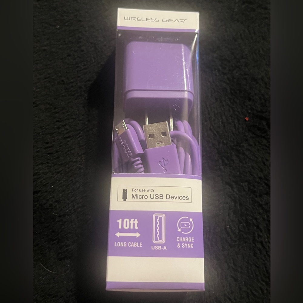 Wireless Gear Micro USB Devices (  10’ Cable and Wall Charger) Purp New